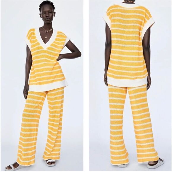 NWT Zara Yellow & White Striped Oversized V-Neck Knitted Sweater Vest, Medium - Picture 3 of 16